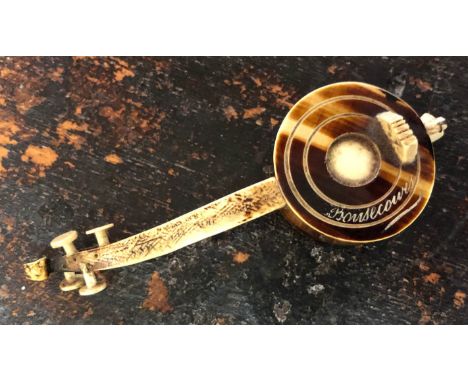 Sewing collectables, tape measure in the form of a banjo together with a Mauchline ware sewing clamp with bobbin needle 