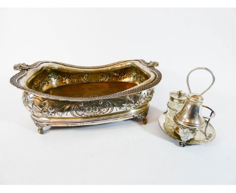 A hallmarked silver cruet stand, Georgian hallmarks and a small three bottled cruet  Pieces missing from each item 