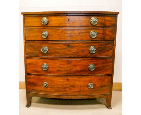 Georgian mahogany bow front secretaire chest of four long drawers with brass ring handles 40" wide 