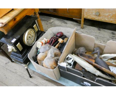 A Victorian black and gilt clock, assorted wood figures, alarm clock and other assorted items 