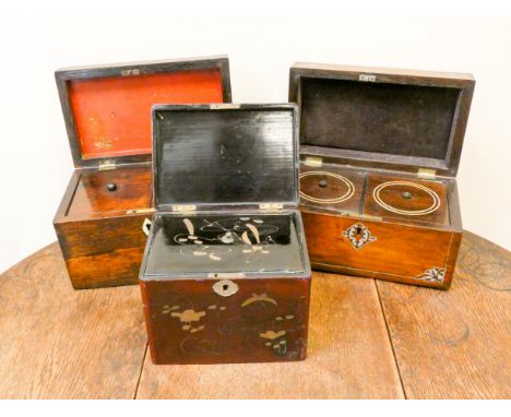 Two Victorian rosewood two division tea caddies and a lacquered two division caddy 