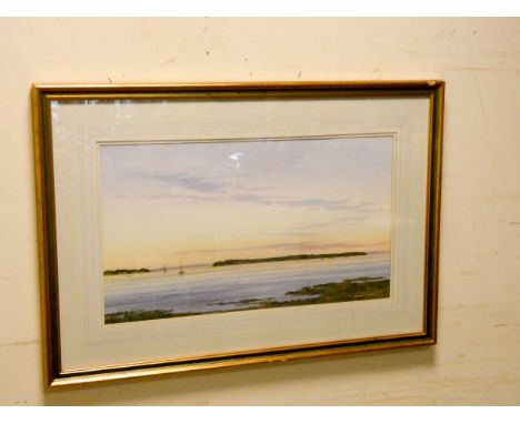 Stephen Foster contemporary British 'Brownsea Island Poole Harbour' watercolour at sunset, signed lower right, image size 35c