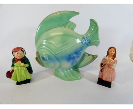 Royal Doulton Dickens figurines Sairey Gamp, Little Nell and a 1950's Poole Pottery model of a fish   Damaged top fin to fish
