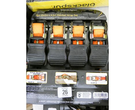 A new four piece 25mm wide by 4 1/2 metre long ratchet tie down strap set 