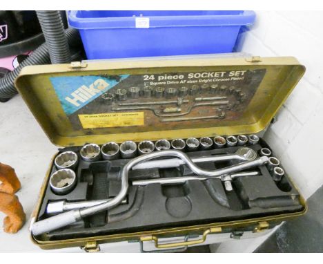 A large box of old tools, drill bits etc, two socket sets in metal cases and a tool box with contents 