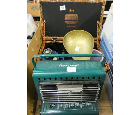 A Harrods wicker basket, a Top Flame camping heater, pair of balance scales etc 