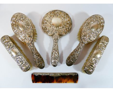 Six piece silver backed dressing table hairbrush set with hand mirror and comb 