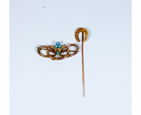 Art nouveau turquoise set brooch and a French vintage ruby set horseshoe stick pin, marked FIX.