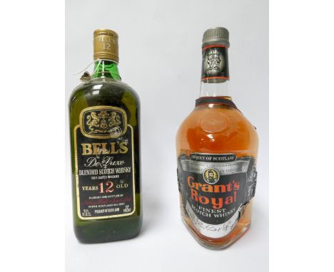 Bottle of Grants Royal whisky and a bottle of Bells DeLuxe 12 year old Scotch whisky 