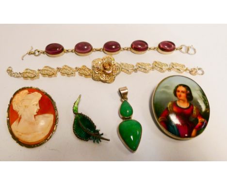 A silver framed carved shell cameo brooch, marcasite and enamel brooch, amethyst link bracelet, filigree bracelet etc 