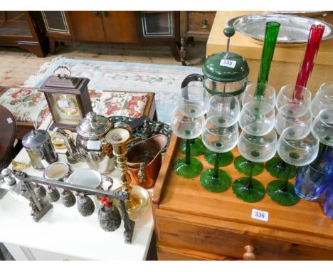 Large quantity of assorted drinking glasses other glassware, a three piece teaset, mantle clock, bell gong and various other 