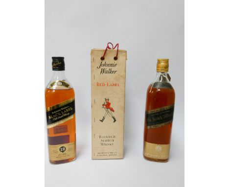 Three bottles of Johnnie Walker whisky, Extra Special old Scotch whisky, Black label and Red label still in sealed box  All s