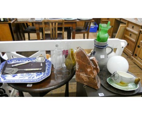 Blue and White meat plate, a pair of plated servers and oil lamp shades