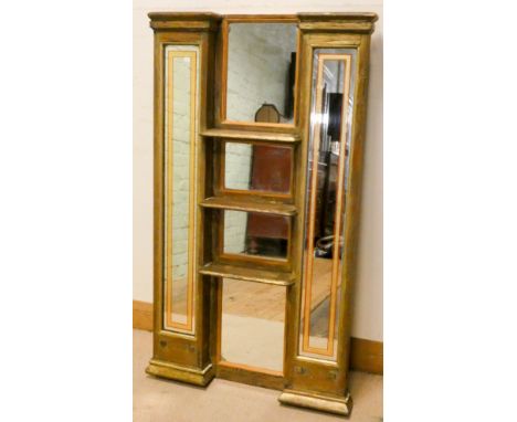 A gilt painted and mirror decorated shelf unit 4' high 2'4 wide   Depth approximately 3”The item is in overall good condition