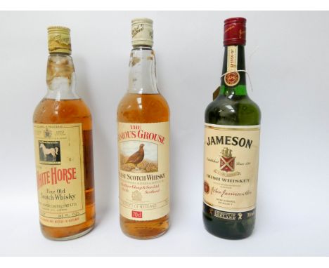 Three bottles of whisky - Jameson Irish Whisky, The Famous Grouse and White Horse old Scotch whisky 