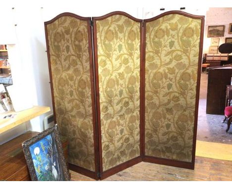 A large Edwardian three fold screen, each panel with arched top and foliate pattern fabric to either side (open: 200cm x 210c
