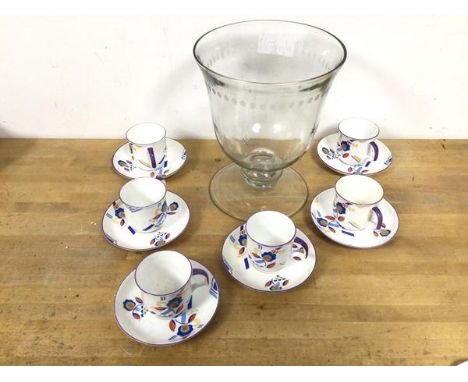 A set of six 1930s Foley demi tasse cups and saucers, a glass vase (a lot)