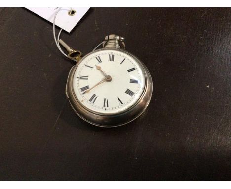 A George III silver pair cased verge fusee pocket watch, white enamel dial with Roman chapter ring,  (dial: 4.5cm)
