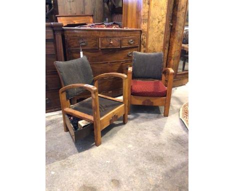 A pair of early 20thc Art Deco period satin birch framed open armchairs, with upholstered back and panel seat, one with cushi