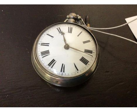 A George IV silver pair cased verge fusee pocket watch, with white enamel dial and Roman chapter ring, movement inscribed N. 
