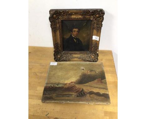 19thc school, Portrait of a Young Man, oil (18cm x 15cm) and a Coastal Landscape, unframed (a/f) (2)