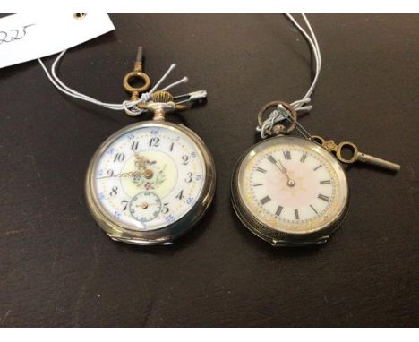 An early 20thc open faced pocket watch, the case stamped 0935, cream enamel dial with gilt detail and Roman chapter ring, the