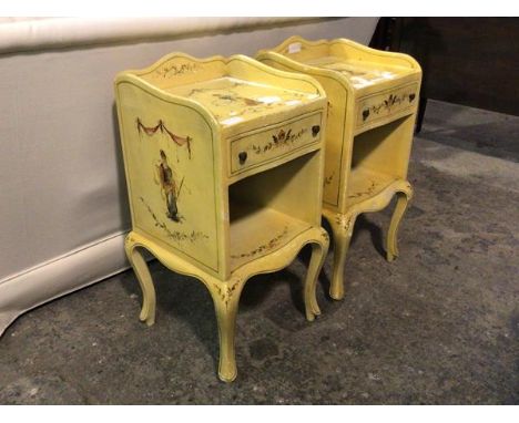 A pair of mid to late 20thc French style cream painted bedsides with three quarter gallery tops, above frieze drawer and open