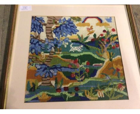 A 1930s tapestry panel depicting a Dalmatian in a colourful landscape (34cm x 35cm)