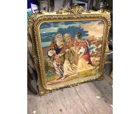 A tapestry panel depicting Lot and his Daughters Fleeing Sodom, under glass and in a gilt frame (81cm x 80cm)