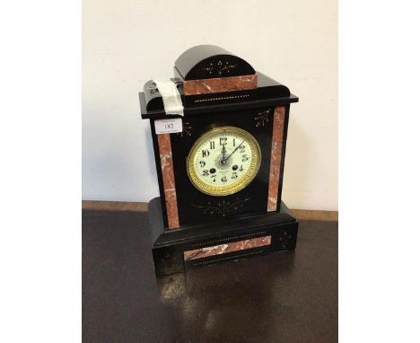 A Victorian architectural slate mantel clock, the white ivorine dial with Arabic chapter ring inscribed L. Boutry Lille (35cm