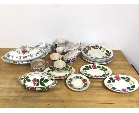 A quantity of 19thc china including dinner plates with floral border (26cm), with matching serving plates, two sauceboats, ju