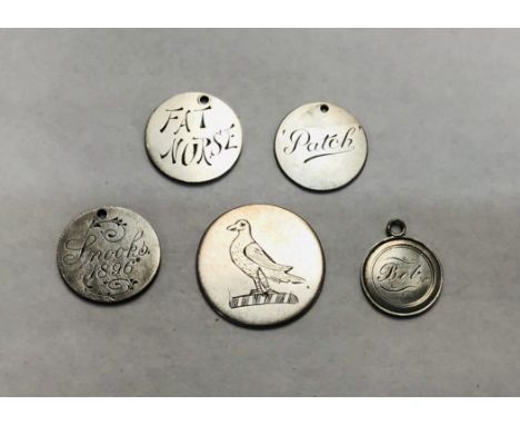Collection of Animal name tags engraved on Silver Coins, Names include &rsquo;Patch, Snooks, Bob &amp; Fat Nurse&rsquo;