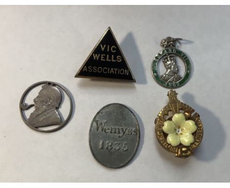 Collection of Badges and Pendants, including Primrose League, Vic Wells Association, Wemyss 1835 (Scottish Church Token), Hal