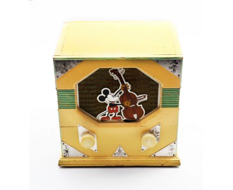 Emerson 'Walt Disney' Mickey Mouse radio, cream painted wooden case with painted Mickey Mouse fret to the speaker front. Corn
