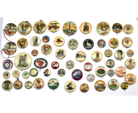 Assortment of American related celluloid badges comprising of Bastia &amp; Brothers Prisco badge, with man sitting on a crate