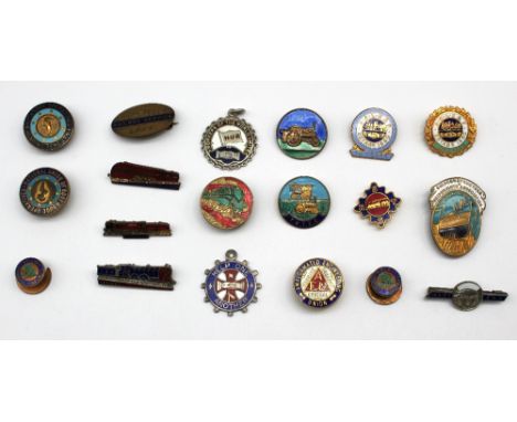 Assortment of gilt metal and enamel railway and other badges comprising, two unnamed Hornby Railway Company lapel badges with