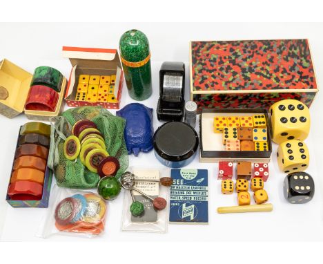 A collection of mixed bakelite items to include; a rectangular shaped bakelite cased cedarwood cigarette box, design of mottl