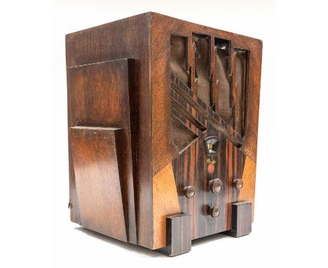 Amplion Table Model 1932, oak and rosewood veneered plywood cabinet. Dimensions approx 47.5cm x 37cm x 31cm. Minor losses to 