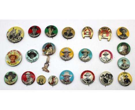 Assorted celluloid pin badges mainly relating to Cowboys and television comprising of Union badge depicting Roy Rogers, on bl
