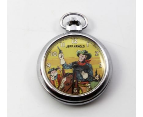 A Jeff Arnold 'Cowboy' automation chrome plated vintage pocket watch, eagle stamped to reverse, case approx 50mm, circa 1950/