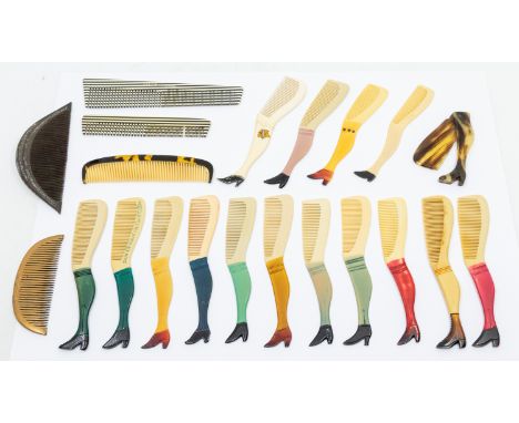 A collection of mixed early to mid 20th century novelty combs, all in the shape of a ladies leg, with stylish boots in variou