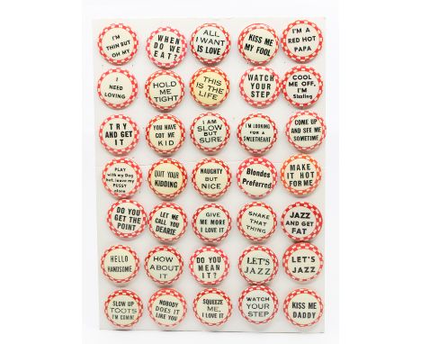A collection of thirty-five vintage mid 20th Century pinback buttons / badges, humourous and musical themes, all slogans with