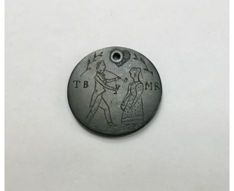 19th Century Love/Wedding Token, Engraved with man with pipe &amp; drink initials &lsquo;TB&rsquo; and woman holding handbag 