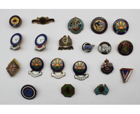 Assortment of enamel and gilt metal badges comprising of Miller Radio Sunbeams badge, with blue enamel border with rabbit and