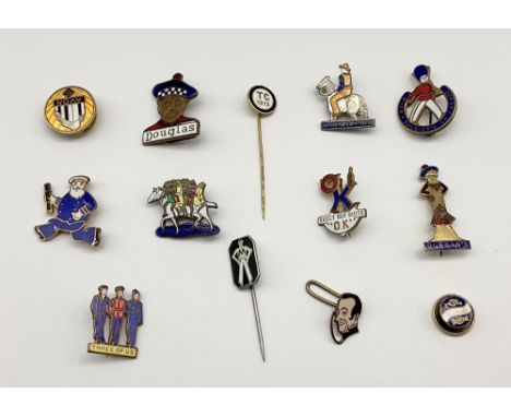 Assortment of enamel pin badges comprising of Miller of Birmingham Widdicombe Fair badge, white horse with six figures riding