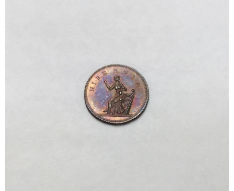 Rare Irish Hibernia Farthing token, un-dated obv Liberty next to Harp, rev Dove carrying olive branch in wreath. High Grade