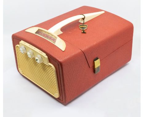 Dansette vintage 1960's 7 inch portable record player / radio, red vinyl covered case with cream plastic fittings. Dimensions