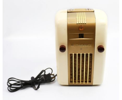Westinghouse 'Refrigerator' radio model H-126 cream and gold bakelite case. Height approx 23cm. Untested.