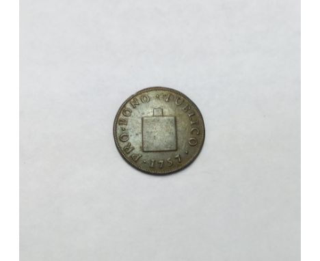 1757 Token Farthing ‘Pro Bono Publico’ surrounding a Tea Caddy, rev, large central script "W P" ornamented monogram with deno