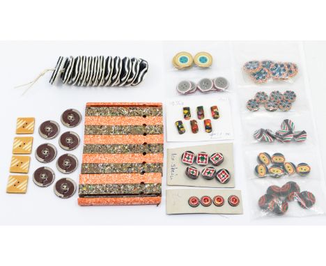 A collection of vintage bakelite / celluloid buttons to include; a set of six lucite stylish vuttons, possibly by Lea Stein, 